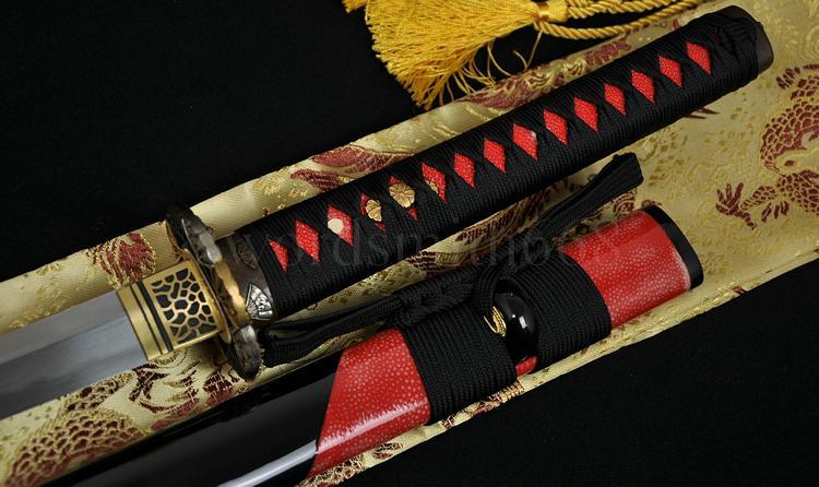 41"Japanese Samurai Katana Sword Clay Tempered Blade Ray Skin Saya Fan Fittings