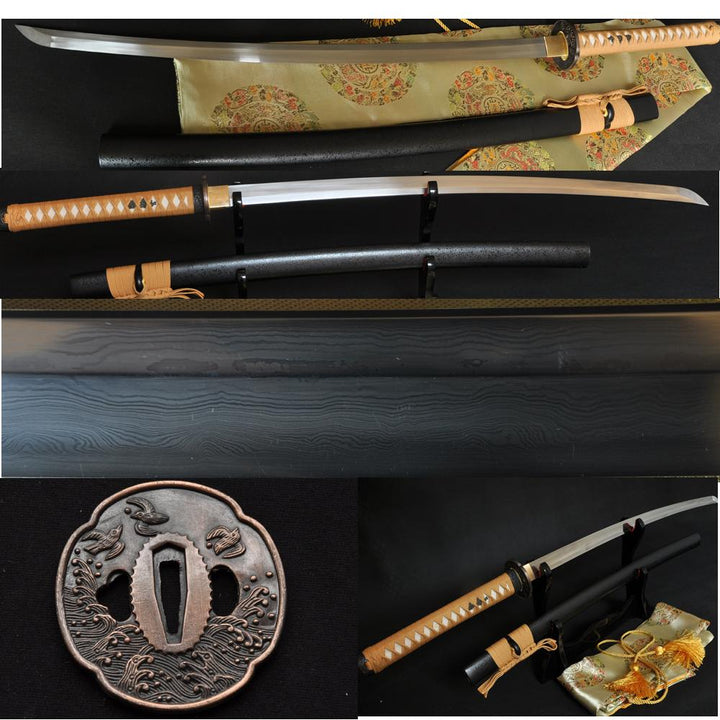 Folded Steel Full Tang Blade SeaBird Brass Tsuba Japanese Samurai Sword Katana