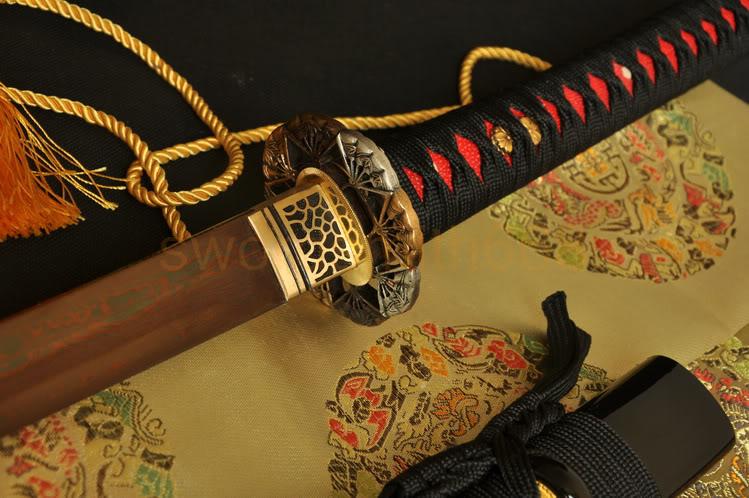 Black Red Folded Steel True Japanese Samurai Katana Sword
