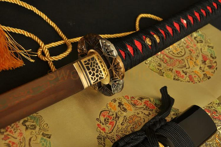Black Red Folded Steel True Japanese Samurai Katana Sword